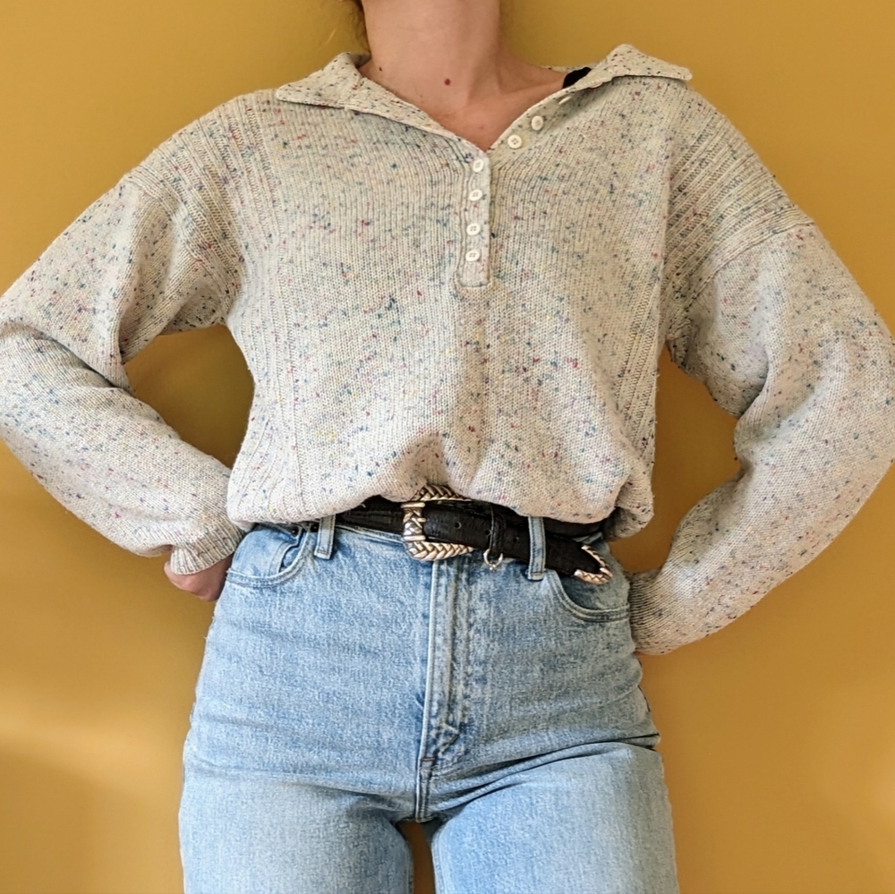 Vintage Wool Knit Collared Sweater Light Gray Marled Confetti M